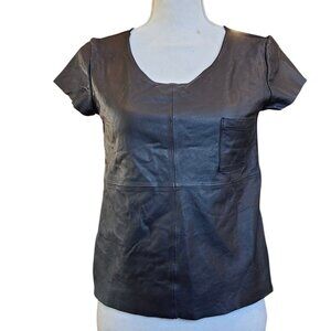 Bordeaux Womens Black Leather Short Sleeve Shirt Pocket Knit Back Biker Sz Small